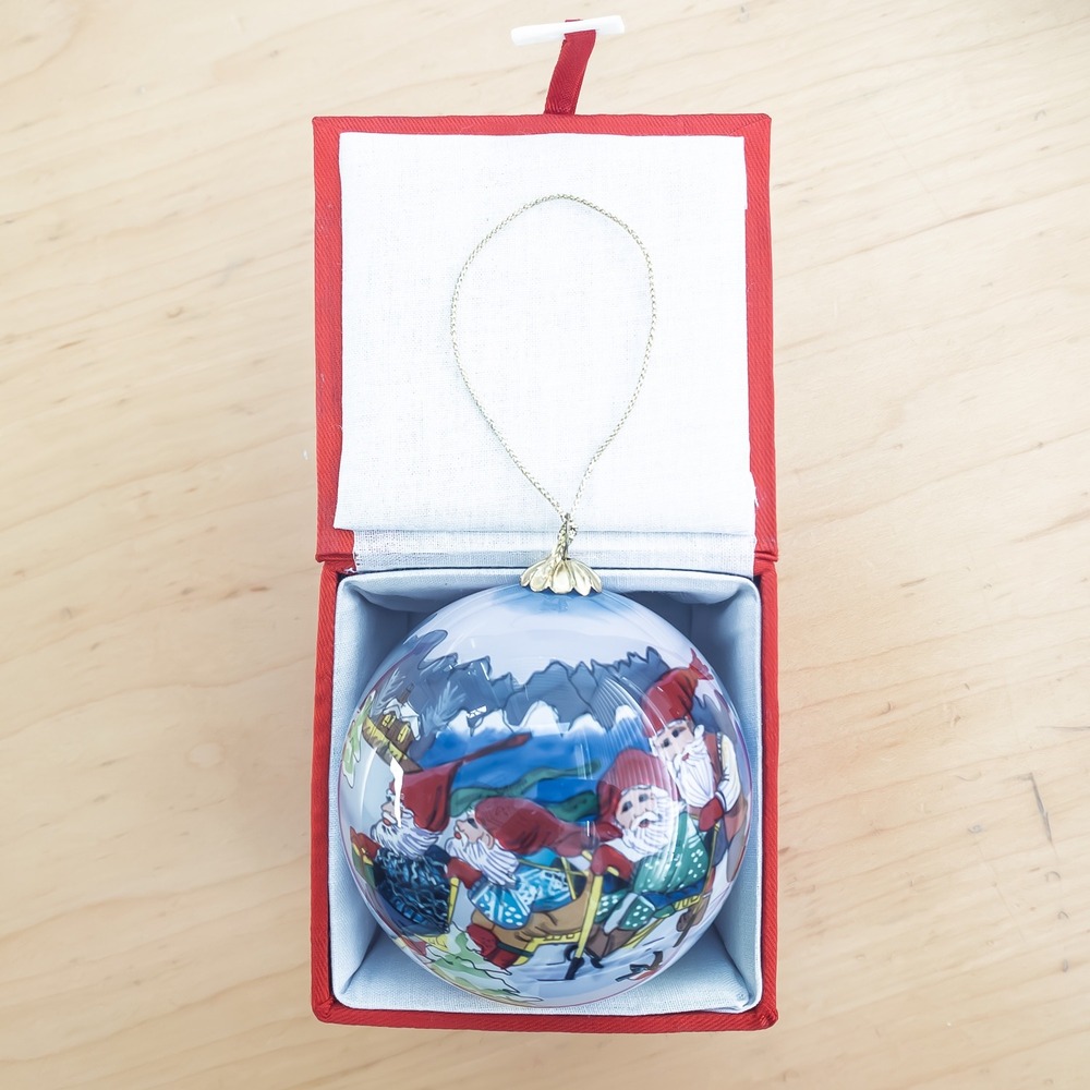 Li Bien Ornament Blue Gnome Sledding Inside Painted Glass